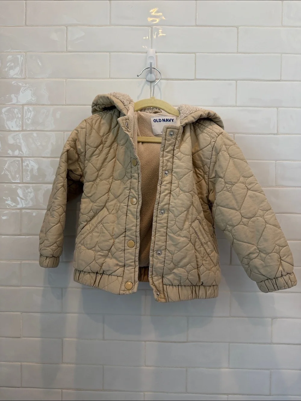 Old Navy Kids Quilted Hooded Puffer Jacket in Light Beige